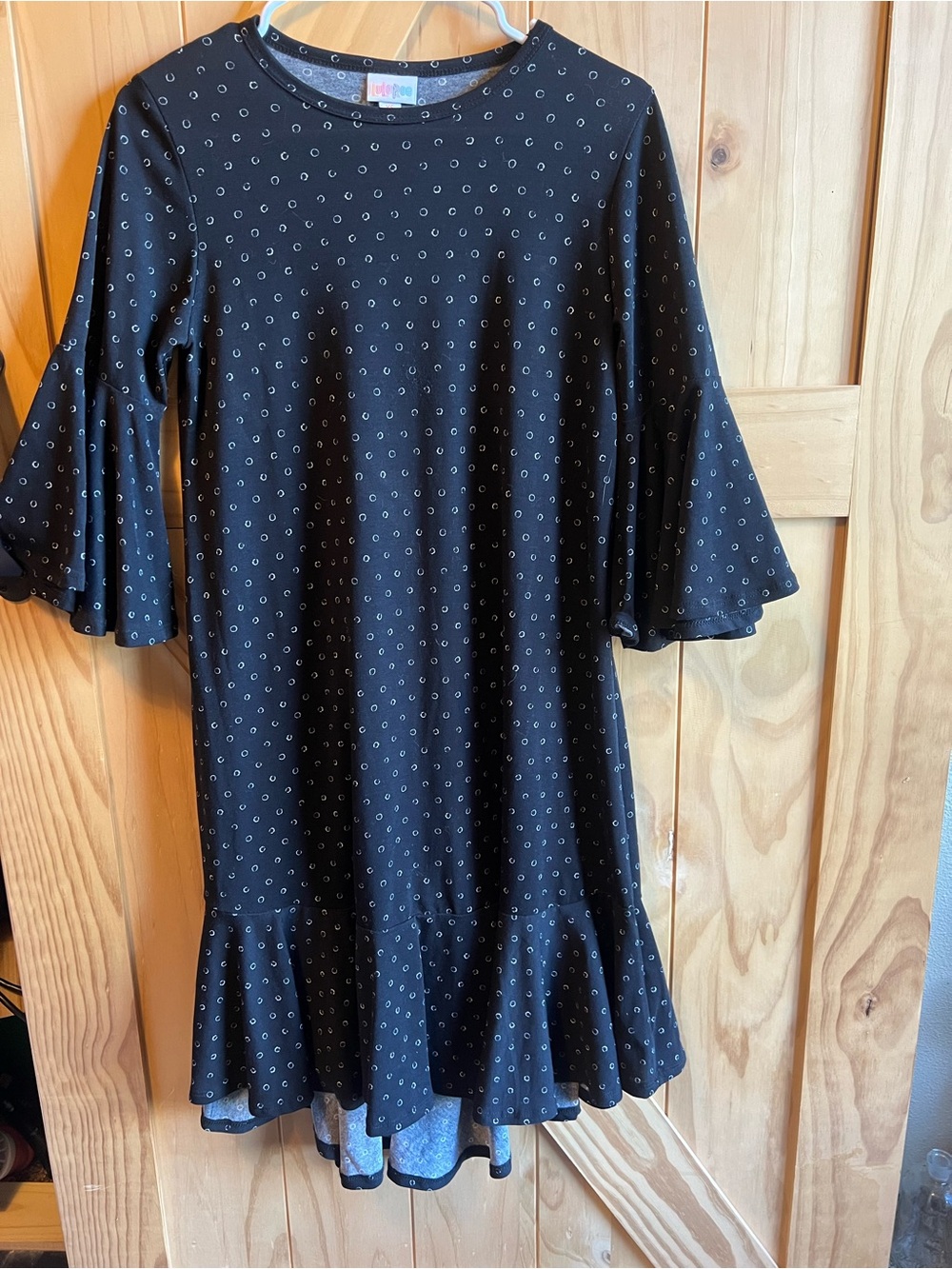 LuLaRoe Maurine Black Dress with Tiny White Dot Print and Ruffle Hem Flare Boho